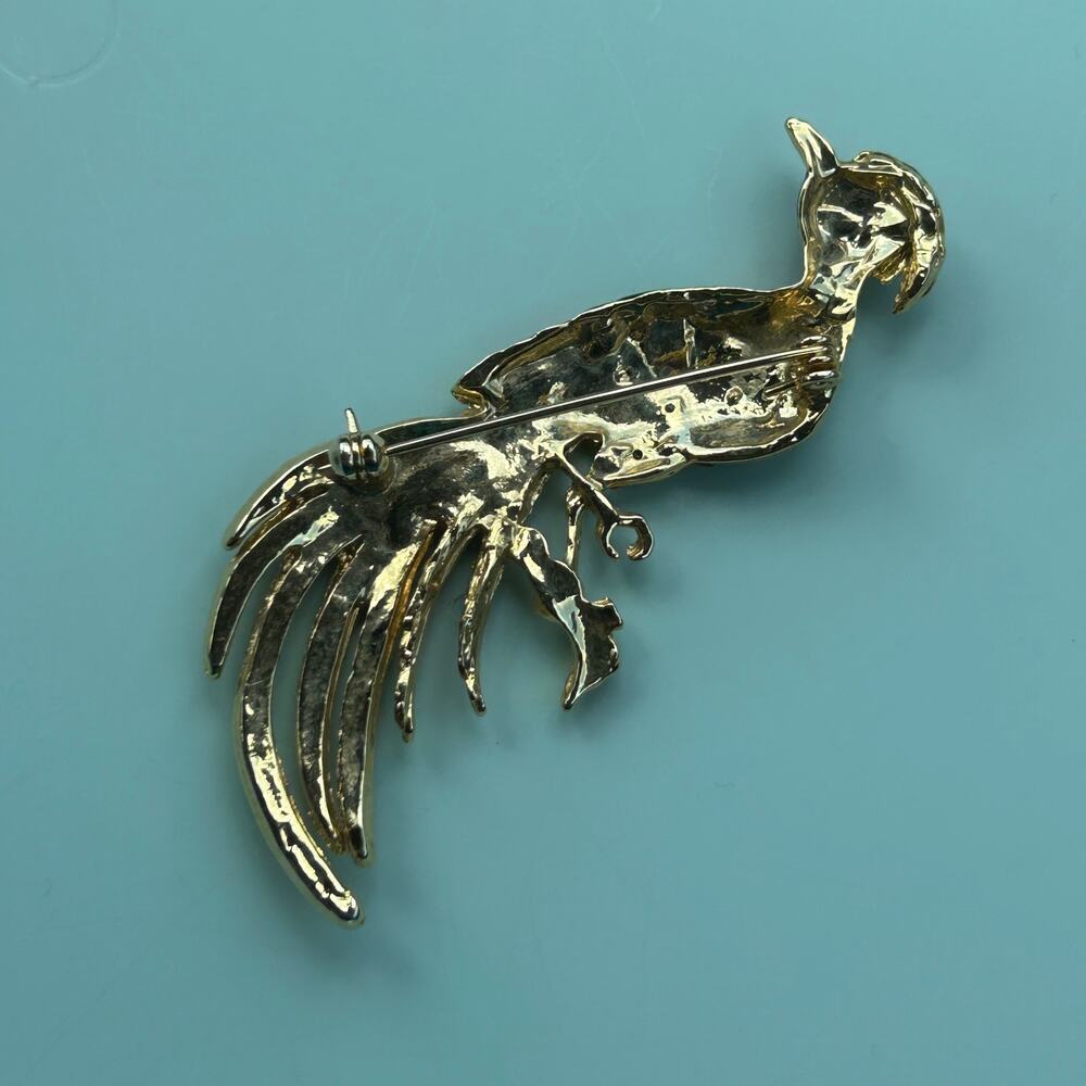 Vintage Multi-Colored Enamel Peacock Brooch Gold-Tone Rhinestone Bird Pin - Picture 8 of 10